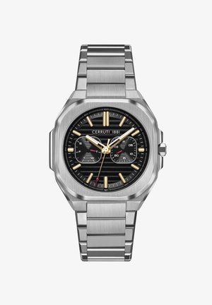 Zilveren roestvrijstalen horloge met octagonale kast, zwarte wijzerplaat, gouden accenten en een metalen schakelband. Kenmerkt sub-dials en contrasterende wijzers.