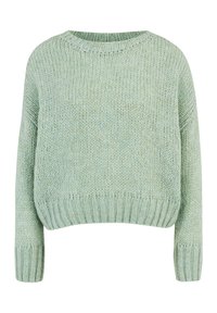 Ljusgrön stickad tröja med rund hals, sänkt axel och ribbad fåll. Mjuk textur, löst sittande, lämplig för avslappnad användning.