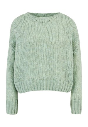 Pull en maille vert clair avec un col rond, des épaules tombantes et un ourlet côtelé. Texture douce, coupe ample, idéal pour un style décontracté.