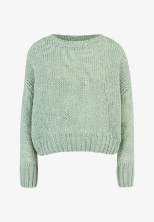 Light green knitted sweater with a round neck, dropped shoulders, and ribbed hem. Soft texture, loose fit, suitable for casual wear.