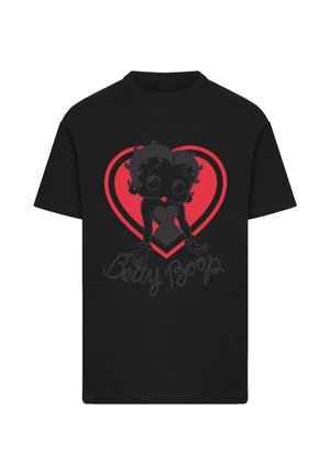 Black cotton t-shirt features a graphic of a cartoon character in a red heart, with text "Betty Boop" in a cursive font beneath.