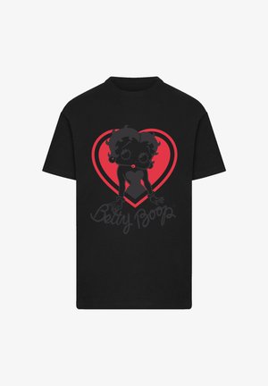 Black cotton t-shirt features a graphic of a cartoon character in a red heart, with text "Betty Boop" in a cursive font beneath.