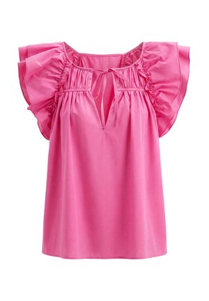 Blouse rose sans manches avec épaules volantées, encolure froncée, ouverture en forme de trou de serrure à l'avant et fermeture à nouer au niveau de la poitrine.