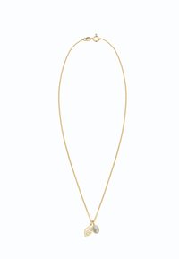 Gold necklace with a delicate chain, featuring a leaf charm and a small round blue stone pendant. The design is intricate and textured.