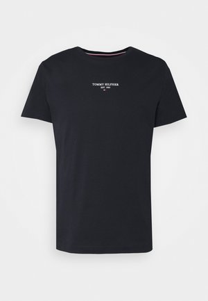 Navy blue cotton t-shirt with a round neckline, short sleeves, and white "TOMMY HILFIGER EST. 1985" logo printed on the front.