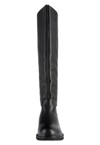 Zwarte leren, knie hoge laars met een gladde textuur, puntige neus, achterrits en een strakke schacht. Stevige zool en slanke silhouet.