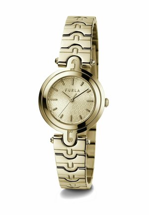 Orologio dorato con quadrante rotondo e dial testurizzato. Design della bracciale a maglie con accenti arrotondati e finitura lucida.