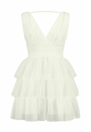 White tiered dress made of tulle, featuring a deep V-neckline, thin straps, and a fitted waist. Lightweight and airy design.