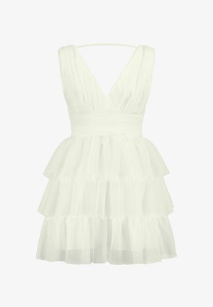 Weißes, gestuftes Kleid aus Tüll mit tiefem V-Ausschnitt, dünnen Trägern und tailliertem Schnitt. Leichtes und luftiges Design.
