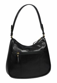 Borsa a spalla in pelle nera con parte superiore curva, tasca frontale con zip e dettagli in hardware dorato; texture morbida e design elegante.