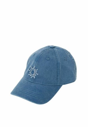 Blaues Baseballcap mit gesticktem Sonnen- und Halbmondmotiv auf dem vorderen Panel, sechsteiliger Konstruktion und gebogenem Schirm.