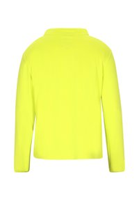 Langærmet polo-shirt i lys gul, lavet af glat syntetisk materiale, med krave og ingen synlige sømme på ryggen.