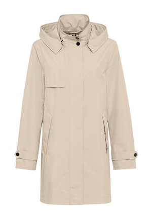 Light beige mid-length raincoat with a detachable hood, front button and zipper closure, and two side pockets.