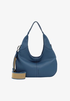 Niebieska skórzana torba na ramię o gładkiej fakturze, zaokrąglonym kształcie i odpinanym beżowym pasku. Zawiera szczegóły w postaci przeszyć oraz szerokie otwarcie.