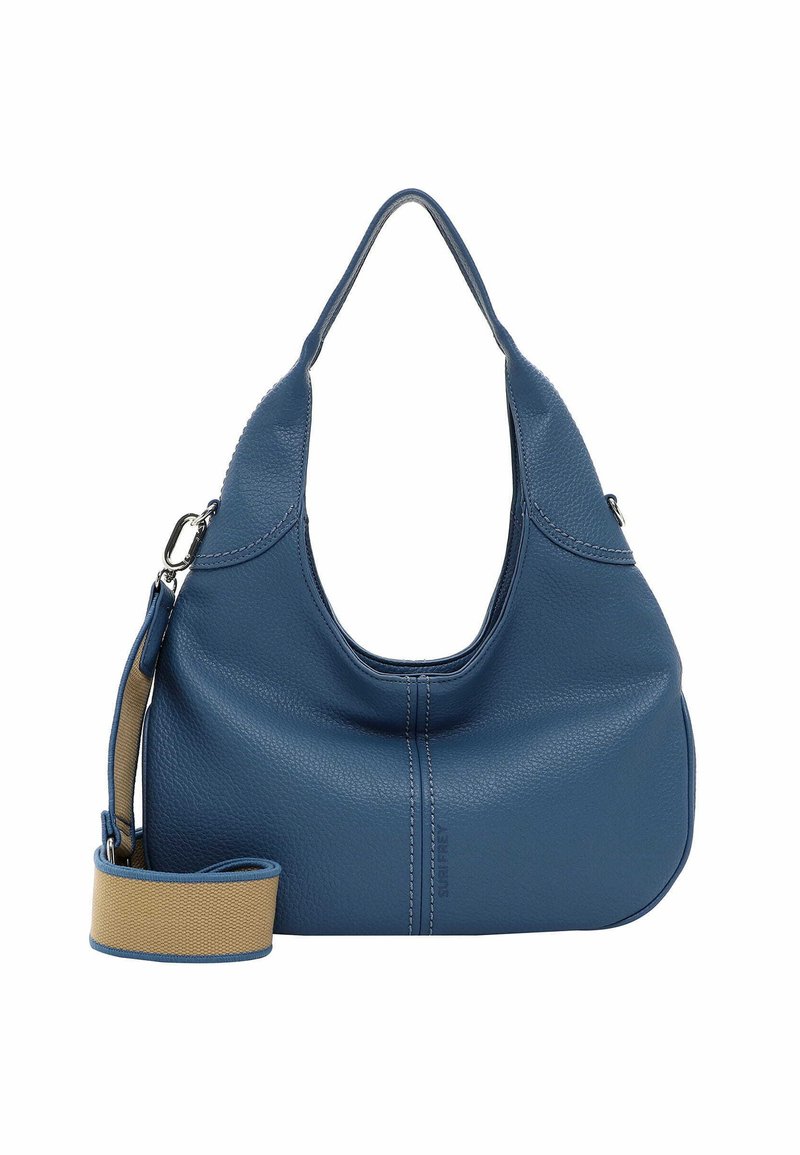 Borsa a spalla in pelle blu con texture liscia, forma rotonda e tracolla beige rimovibile. Presenta dettagli di cucitura e un'ampia apertura.