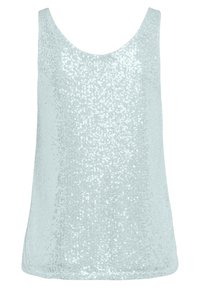 Haut sans manches bleu clair à texture en sequins, en tissu lisse, avec un col rond et une coupe décontractée.