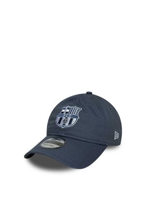 Navy blue adjustable baseball cap with FC Barcelona emblem on front and New Era logo on side, shown on white background.