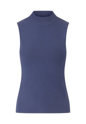 Bezramkowa bluzka z wysokim kołnierzem w głębokim niebieskim kolorze, charakteryzująca się gładką, elastyczną teksturą oraz dopasowanym krojem, idealna do noszenia na wiele sposobów lub jako odzież samodzielna.