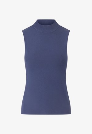 Mouwloze top met een hoge hals in diepblauw, met een gladde, rekbare textuur en een slanke pasvorm, ideaal om te combineren of om solo te dragen.