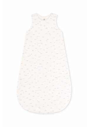 Gigoteuse blanche sans manches pour bébé avec motif abstrait de points gris clair dispersés, fond arrondi, et petit bouton-pression au niveau du cou.