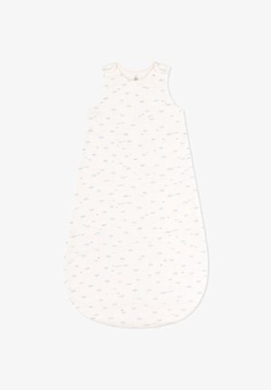 Biały śpiworek niemowlęcy bez rękawów z jasnoszarym, rozsianym abstrakcyjnym wzorem kropek, zaokrąglonym dołem i małym zatrzaskiem przy szyi.