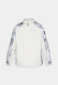 Lightweight white jacket with gray marble-patterned sleeves, front zip closure, adjustable hood, and branded detailing on the chest and sleeve.