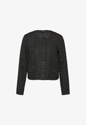 Czarna tweedowa kurtka o skróconym fasonie, okrągłym dekolcie i czterech guzikach z przodu. Teksturowany materiał z delikatnym wzorem i postrzępionymi brzegami.