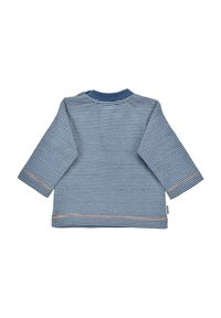 Langärmliges gestreiftes Hemd aus weichem Stoff in Blau und Weiß. Es hat einen runden blauen Ausschnitt und genähte Säume.