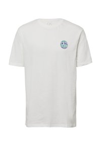 Witte katoenen t-shirt met korte mouwen, met een ronde blauw-groene afbeelding op de borst waarop staat "SOMEWHERE IN THE URBAN UNIVERSE."