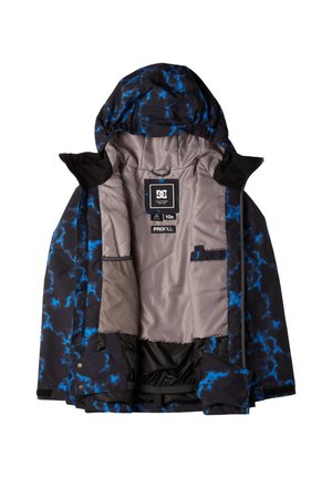 Schwarze Jacke mit blauem Blitzmuster, äußeres Nylonmaterial, isolierte graue Fütterung, verstellbare Kapuze und Innentaschen.