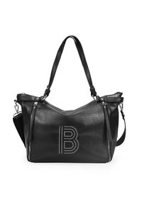 Bolso de mano de cuero negro con dos asas, con una superficie texturizada y un diseño de letra "B" con tachuelas. Cierre de cremallera y correa para el hombro desmontable.