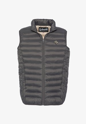 Grau gesteppte ärmellose Puffweste mit einem Reißverschluss auf der Vorderseite und Schott-Logo-Patch auf der linken Brust sowie im Krageninneren.