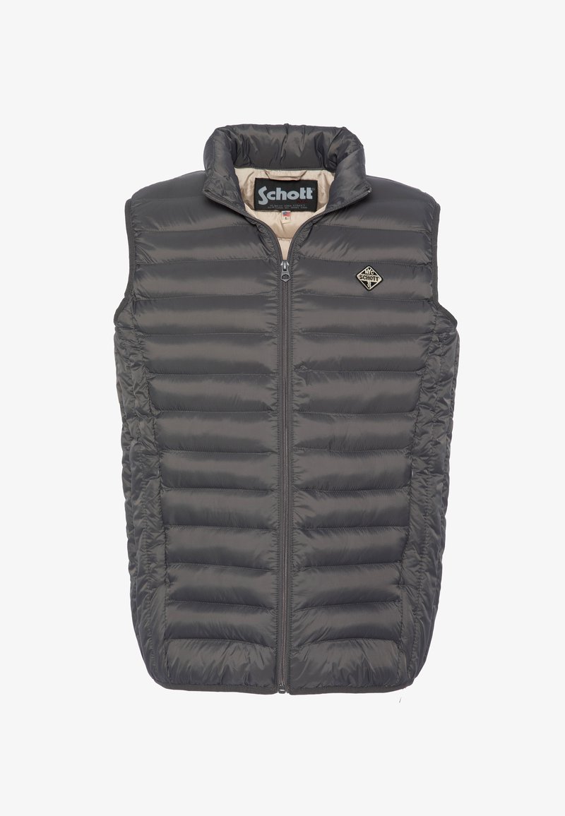 Grau gesteppte ärmellose Puffweste mit einem Reißverschluss auf der Vorderseite und Schott-Logo-Patch auf der linken Brust sowie im Krageninneren.