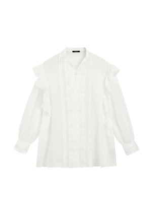 Massimo Dutti, STAND COLLAR BLOUSE WITH EMBROIDERY AND RUFFLES - Camicia - white