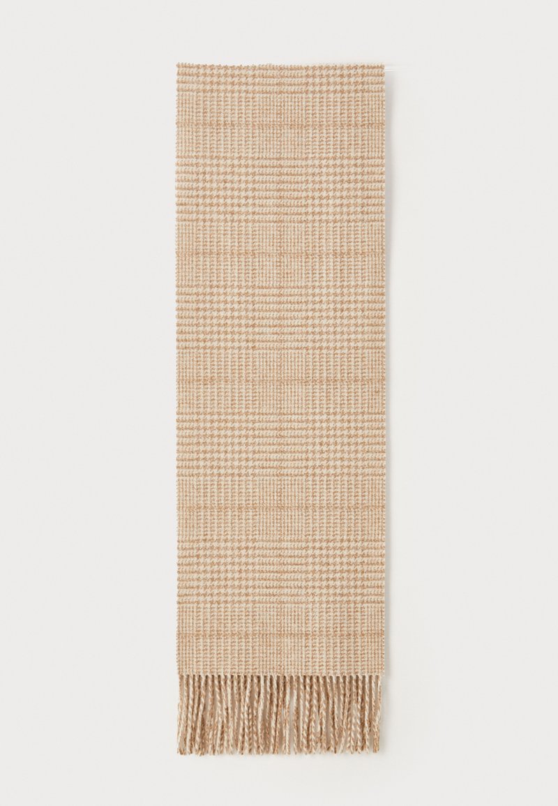 Beige woven scarf with a textured check pattern and fringed edges. Fabric appears soft and lightweight, suitable for layering.