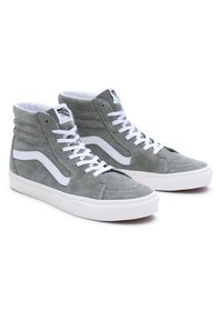 High-top sneakers in grey suede with white accents, featuring a textured upper, white laces, and a rubber sole. Signature logo on tongue.