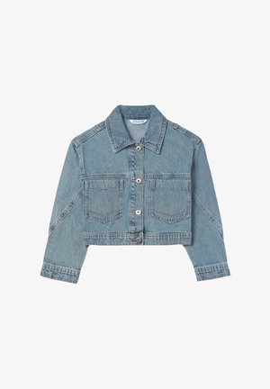 Giacca in denim azzurro chiaro ritagliata, con maniche lunghe, chiusura frontale con bottoni, due tasche sul petto e colletto classico.