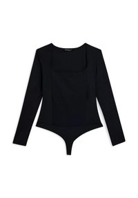 Body nero a maniche lunghe con scollo quadrato, design senza cuciture e parte inferiore a perizoma. Realizzato in tessuto liscio ed elasticizzato.