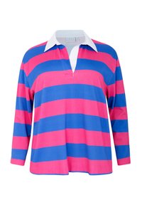 Langärmliges Shirt mit kräftigen rosa und blauen horizontalen Streifen, einem weißen Kragen und einem subtilen V-Ausschnitt. Aus weichem Stoff gefertigt.