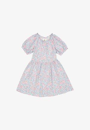 Blomstret kjole med korte puffærmer, en rund halsudskæring og en draperet talje. Stoffet har en blå baggrund med pink og grønne blomster.