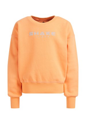 Orange crewneck sweatshirt med ribstrikkede manchetter og kant, med sølvfarvet tekst "SHAKE IT OFF" på brystet.