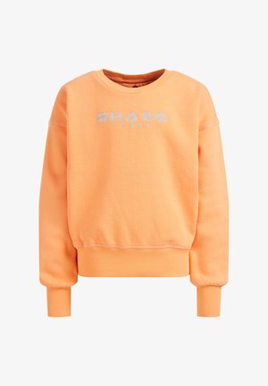 Sweat-shirt orange à col rond avec poignets et ourlet côtelés, arborant un texte argenté "SHAKE IT OFF" sur la poitrine.