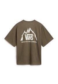 Olijfgroene katoenen t-shirt met een losse pasvorm, voorzien van een witte bergafbeelding en het "VANS" logo dat op de achterkant is gedrukt. Zachte textuur.