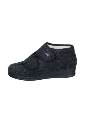 Gray wool slipper with a textured surface, featuring a wedge sole, two adjustable hook-and-loop straps, and a soft fur lining.