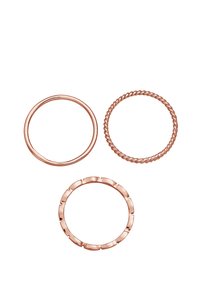 Set von drei roségoldenen Ringen: ein glatter Band, ein verdrehtes Design und ein strukturierter Ring mit gezackten Kanten, die alle eine polierte Oberfläche aufweisen.
