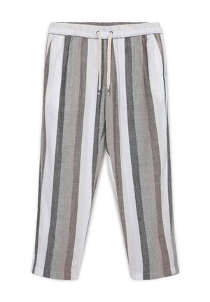 Pantalons légers à rayures comprenant des lignes horizontales en gris, blanc et taupe. Taille élastique avec cordon de serrage. Coupe décontractée.