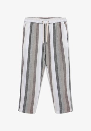 Pantaloni leggeri a strisce con linee orizzontali in grigio, bianco e taupe. Vita elastica con cordoncino. Vestibilità comoda.