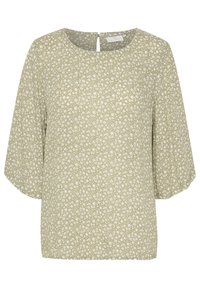 Grüne Bluse mit floralem Muster, Rundhalsausschnitt, kurzen Faltenärmeln und einem kleinen Schlüsselloch-Detail auf der Rückseite. Der Stoff zeigt ein zartes weißes Blütenmuster.