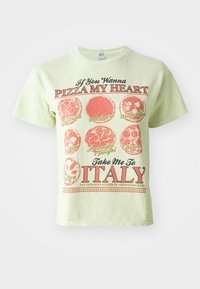 Light green short-sleeve t-shirt featuring red pizza graphics and text. Displays various pizza types and "Take Me to ITALY" slogan. Cotton material.