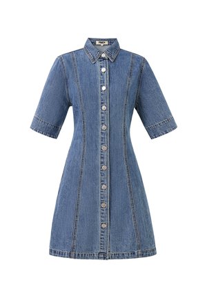 Denimkleid mit kurzen Ärmeln, durchgehender Knopfleiste, Kragen und vertikalen Nahtdetails; hellblaues Material mit glatter Textur.